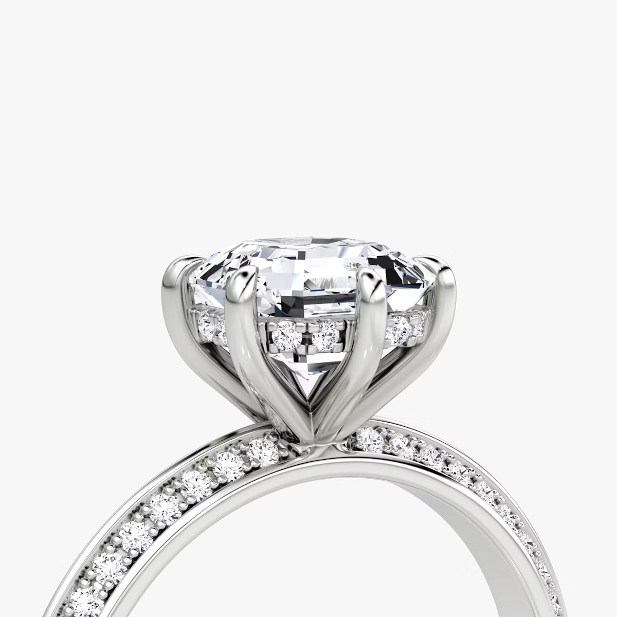 The Sculpted Asscher Hidden Halo Diamond Ring with Pavé Setting