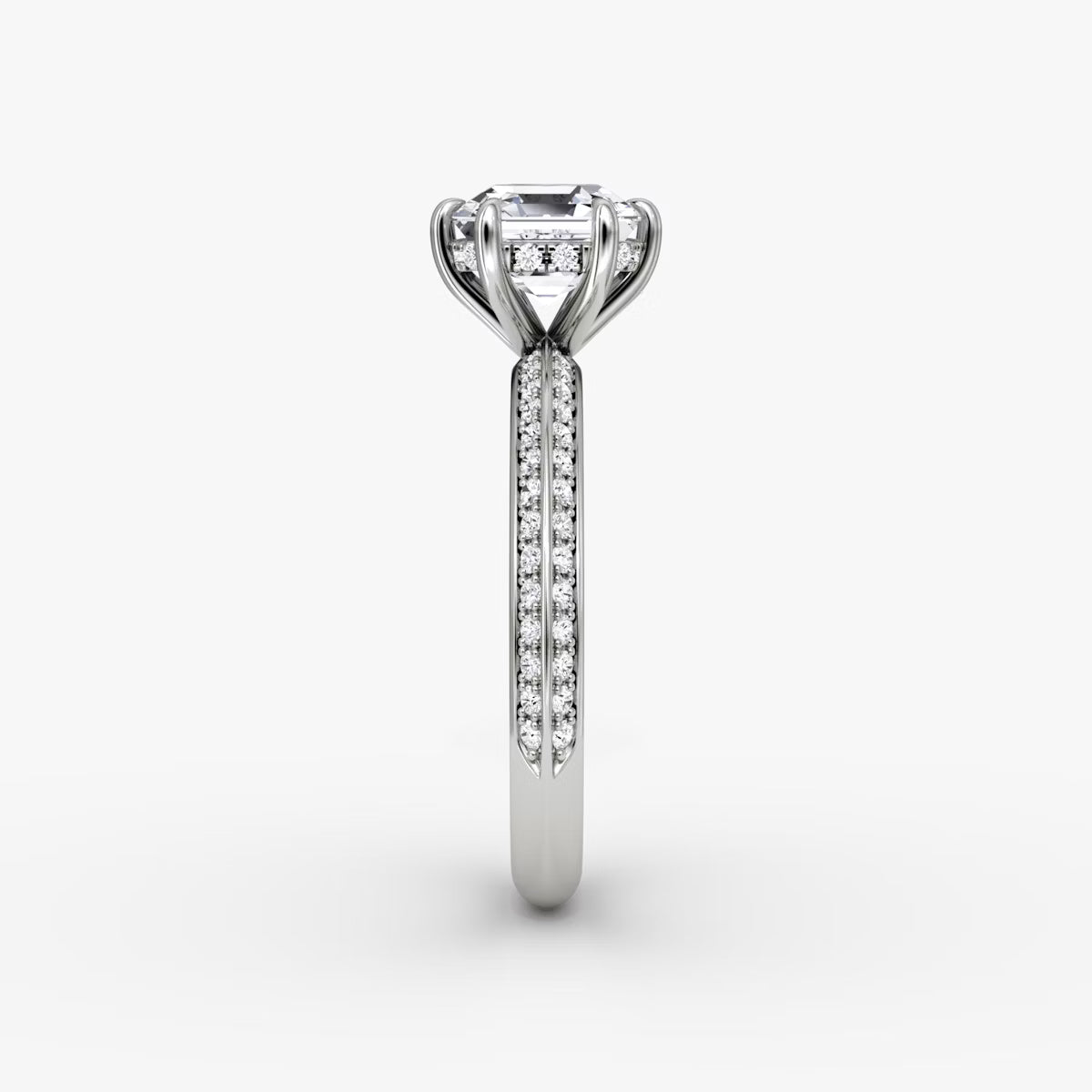 The Sculpted Asscher Hidden Halo Diamond Ring with Pavé Setting