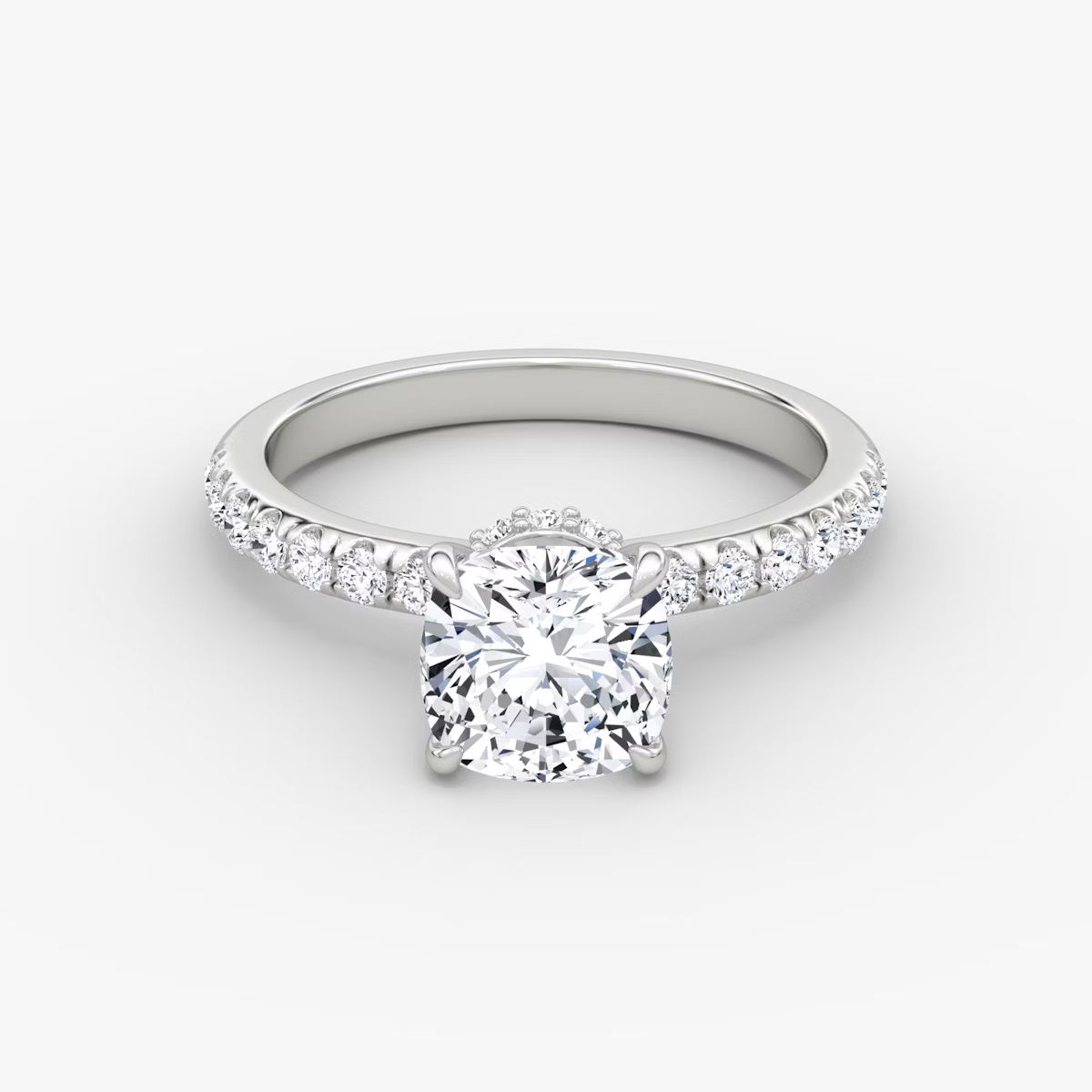 Cushion Hidden Halo Diamond Ring with Pavé Setting and Prong-Set Accents