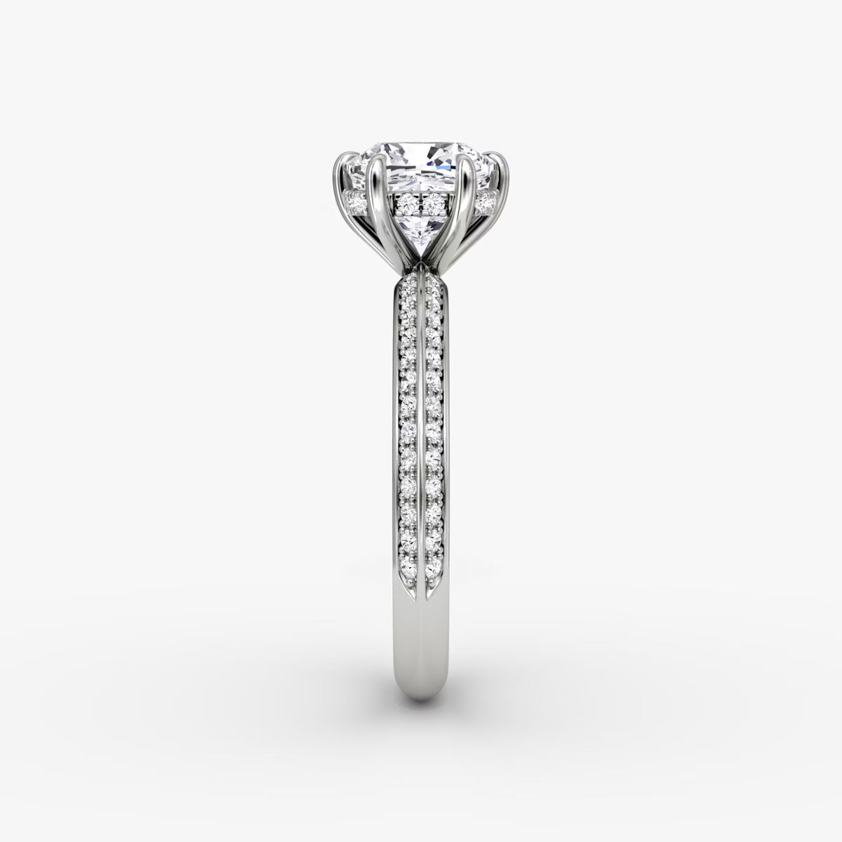 The Sculpted Cushion Hidden Halo Diamond Ring with Pavé Setting