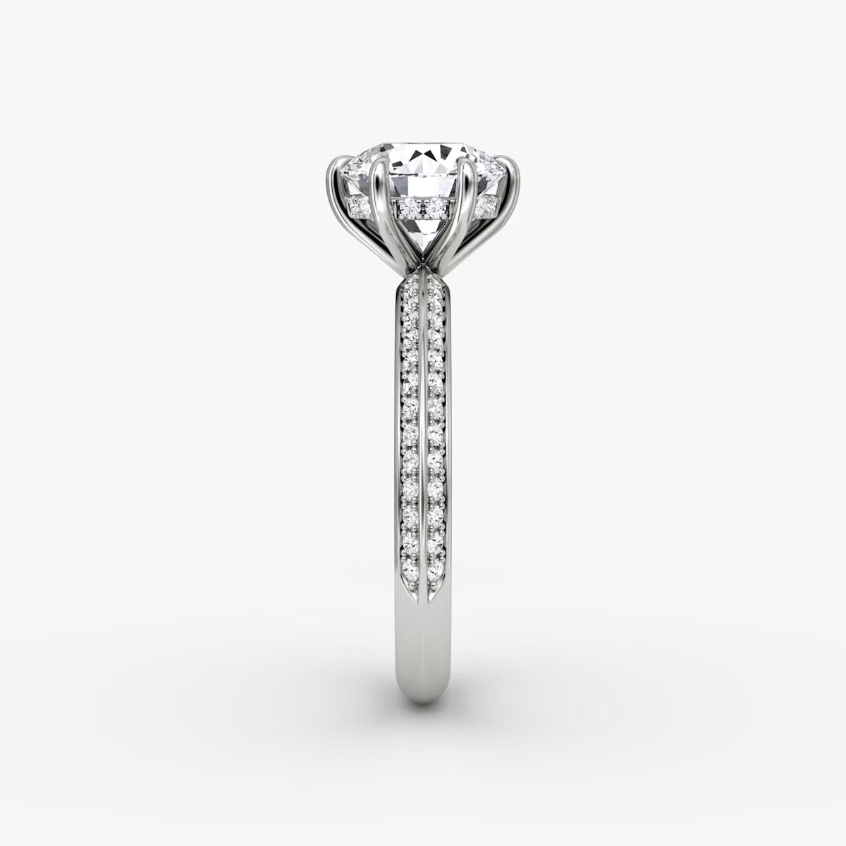 The Sculpted Round Hidden Halo Diamond Ring with Pavé Setting